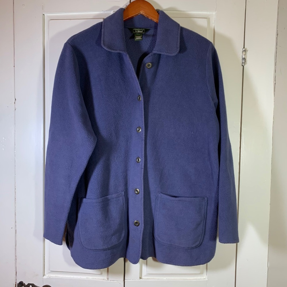 LL Bean Womens Fleece Shirt Jacket Blue Medium Button Front Pockets JX61